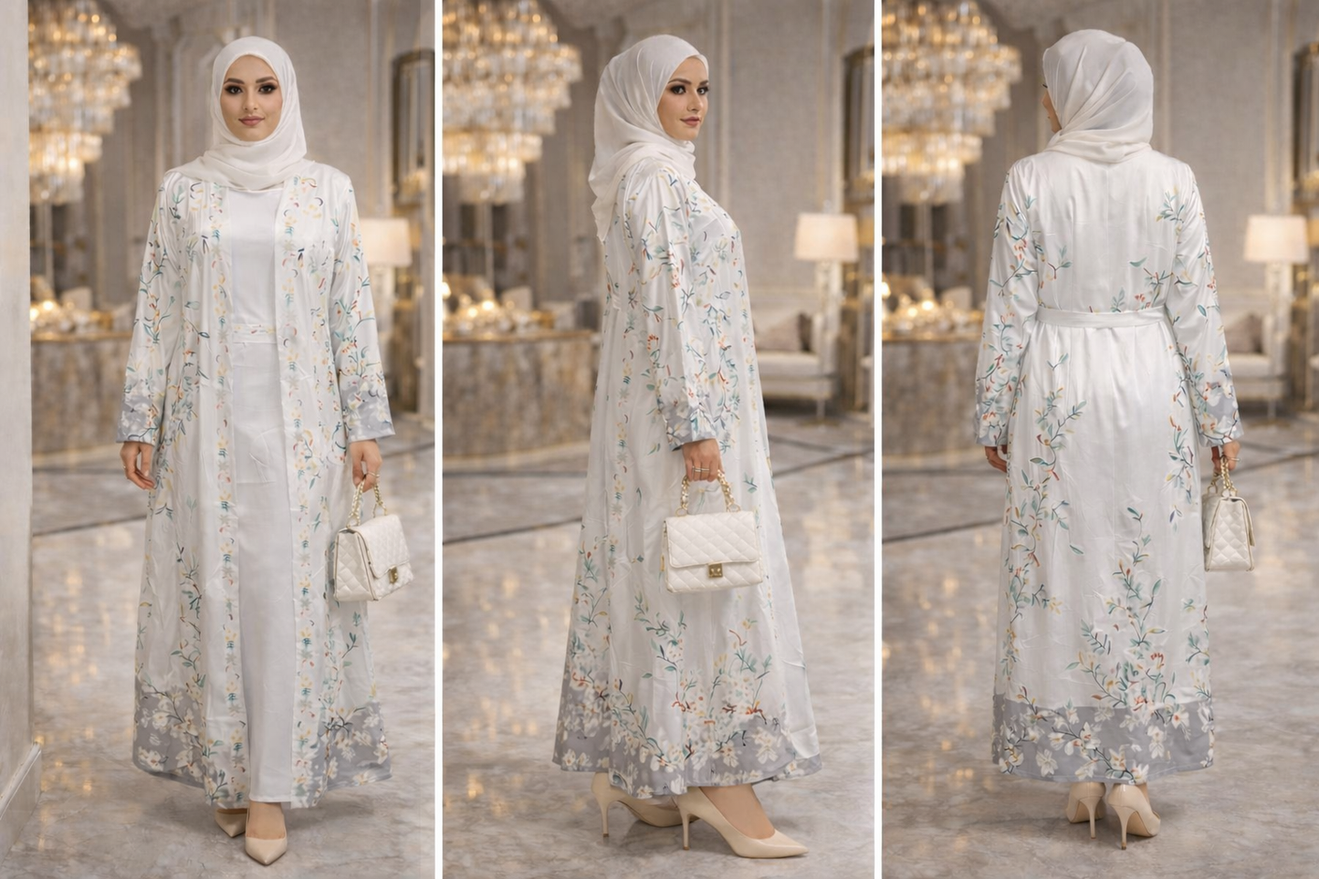 White Two-Piece Abaya with Pastel Paintings