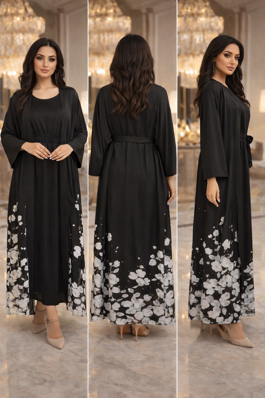 Raha Floral Two-Piece Black Abaya Set