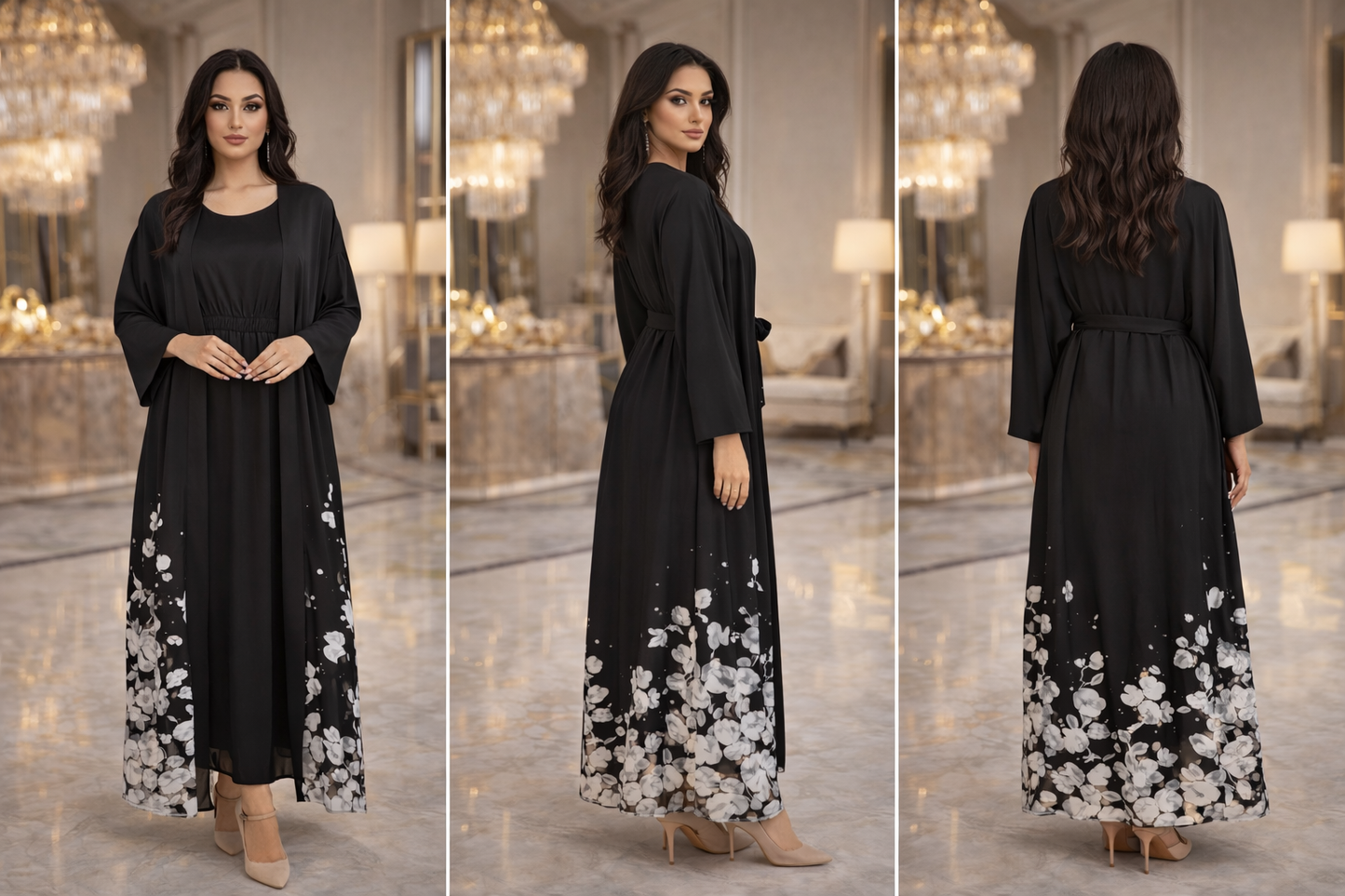 Raha Floral Two-Piece Black Abaya Set
