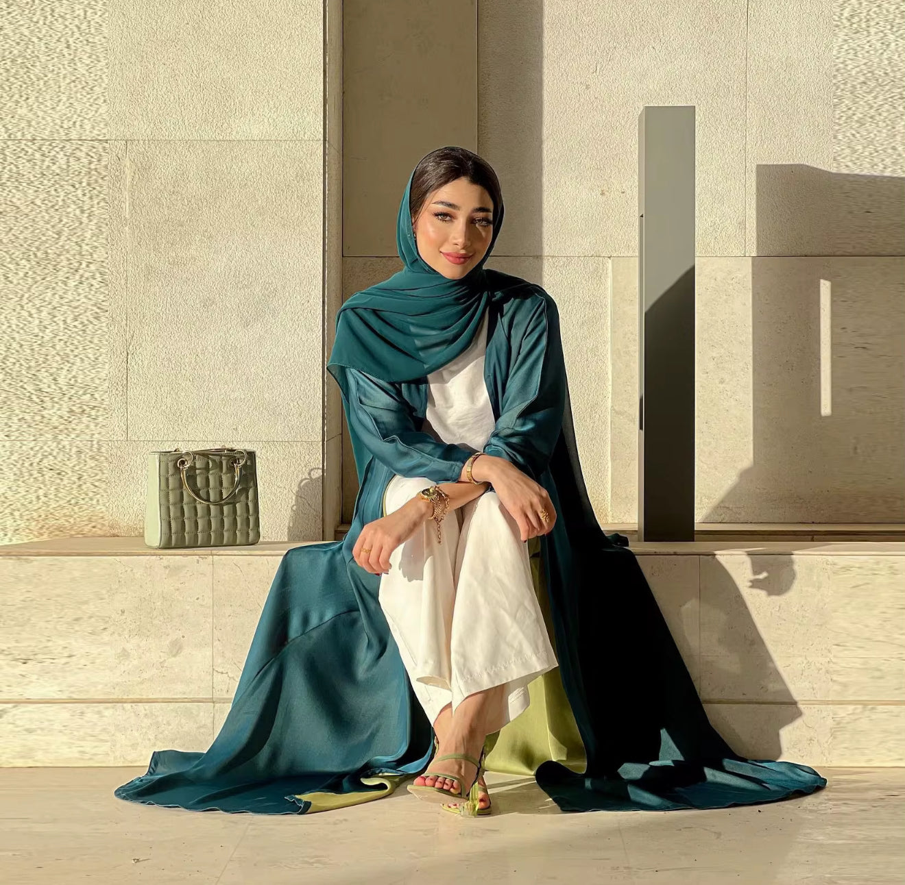Two-toned Turquoise Open Abaya